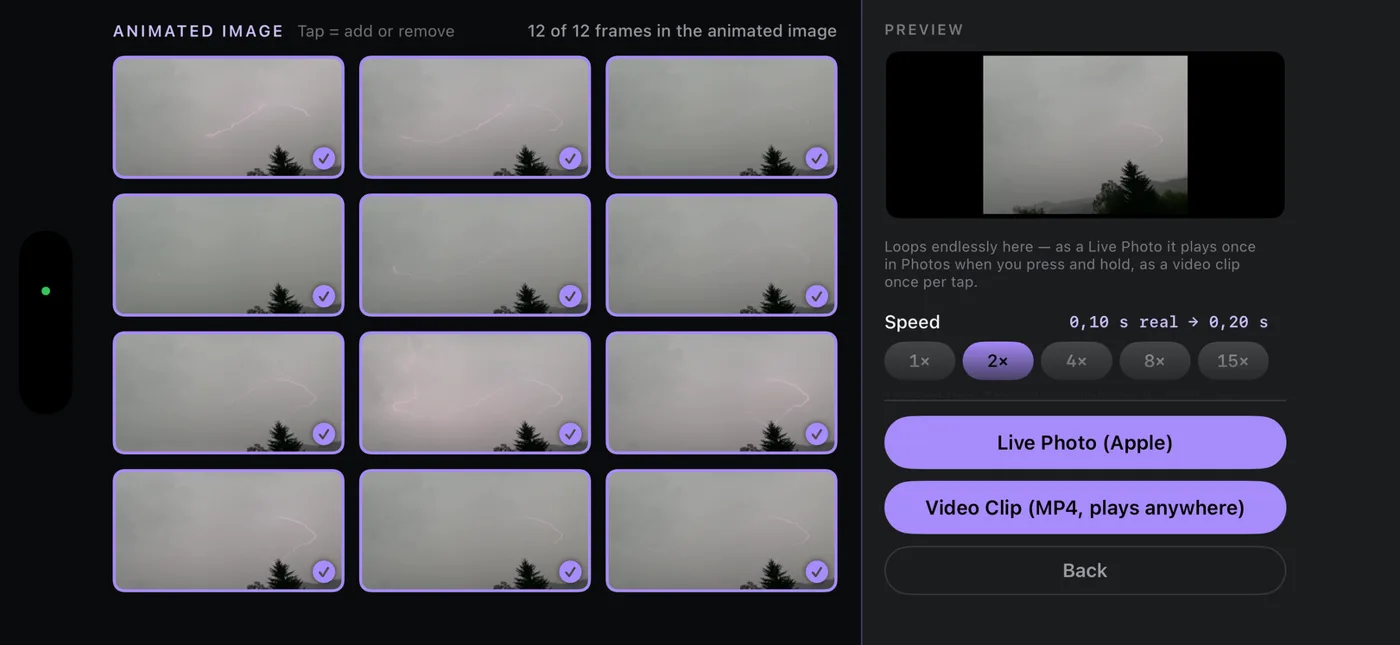 Animated image screen: twelve frames selected, speed 2×, buttons for Live Photo and Video Clip.