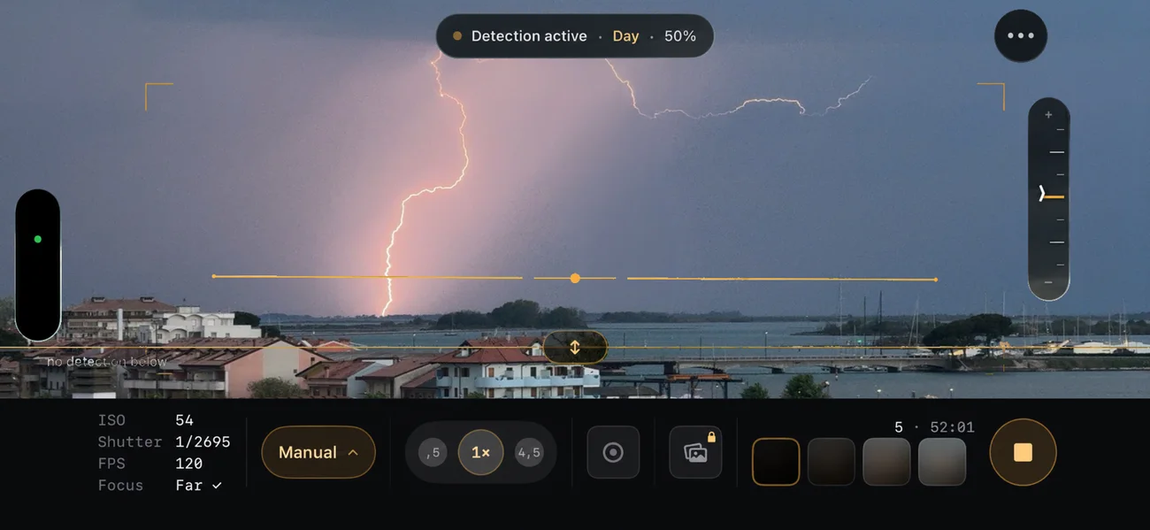 Camera screen by day: a strike is captured while detection is active.
