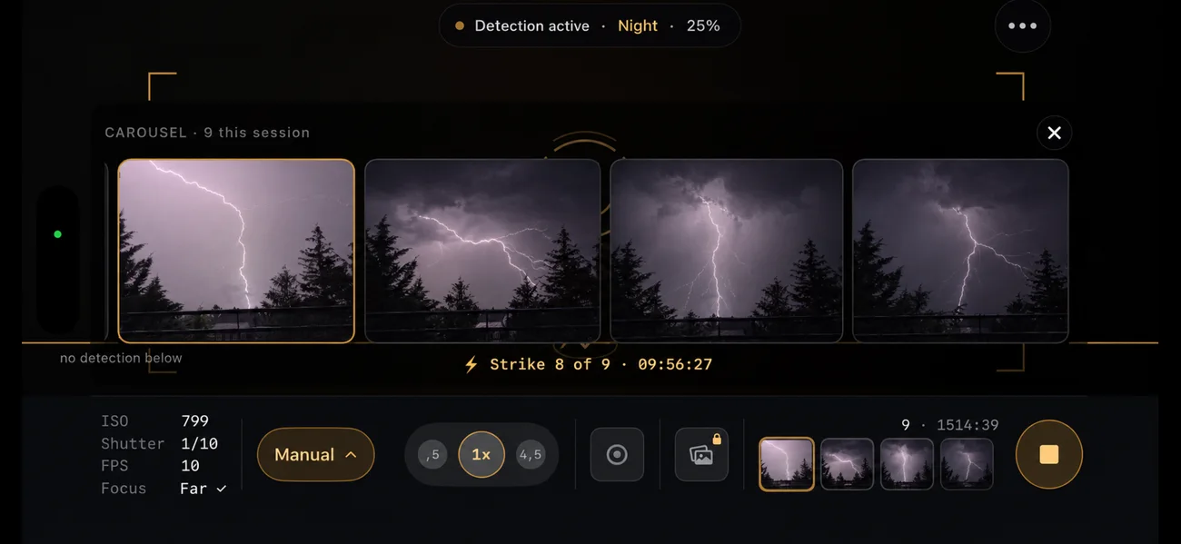 The carousel shows the strikes of this session while detection keeps running.