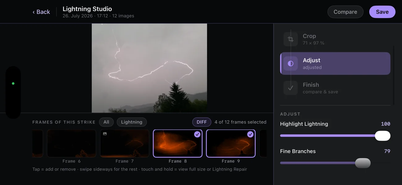 Lightning Studio: Highlight Lightning and Fine Branches sliders.