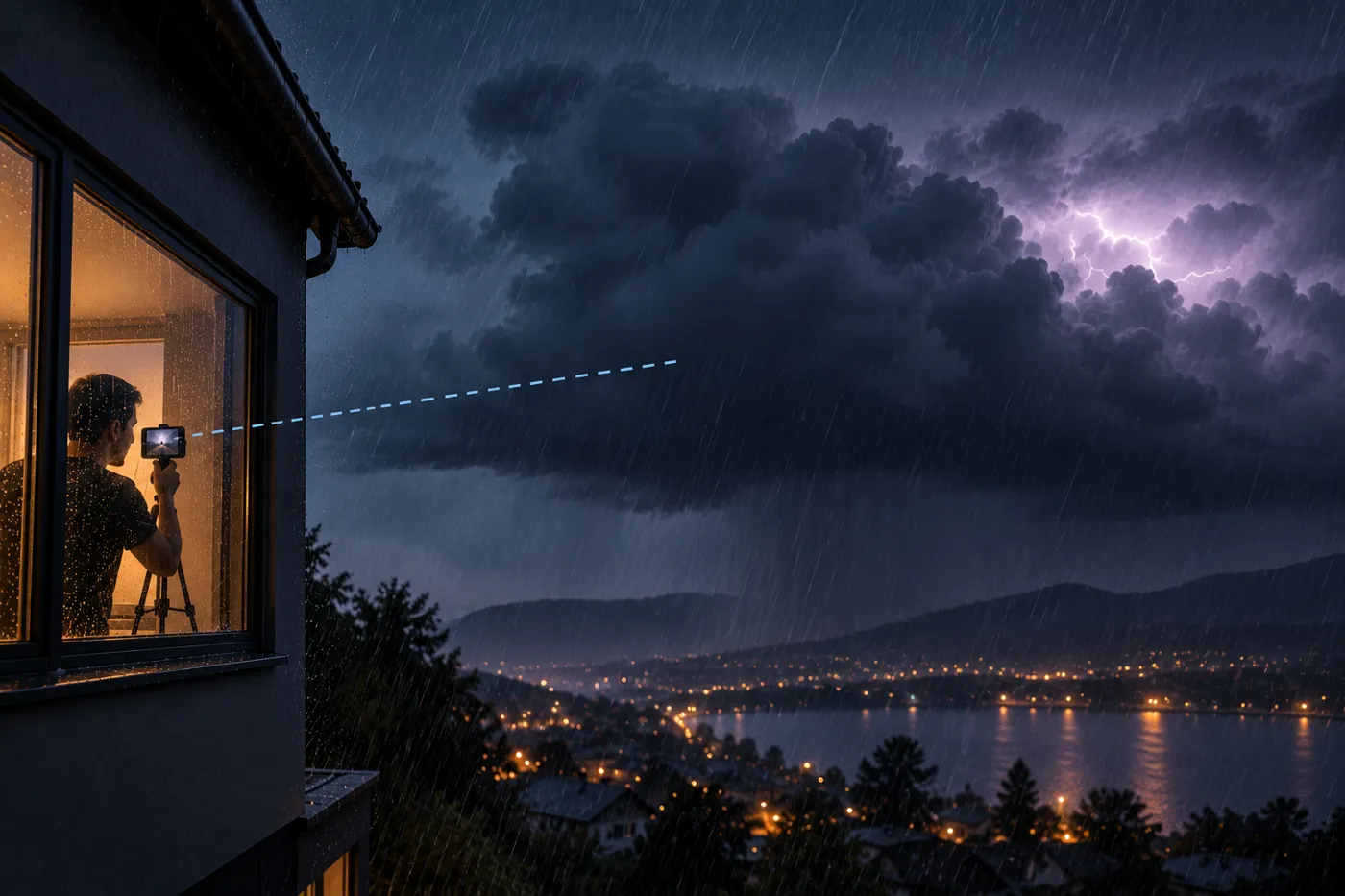 Illustration: an iPhone on a tripod behind a closed window, aimed at a storm over a lake.