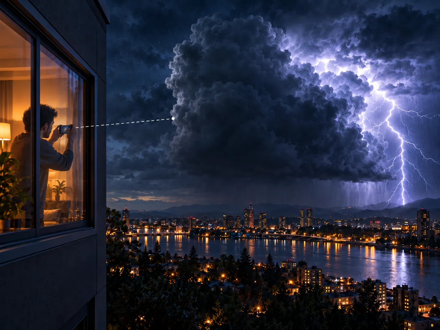 Illustration: photographing a storm from inside a lit room through a closed window.